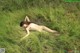 A naked woman laying in a field of tall grass.